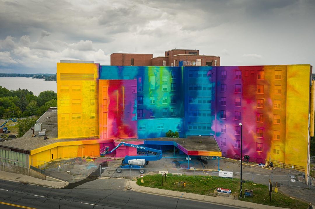 St. Joseph's hospital covered in a mural