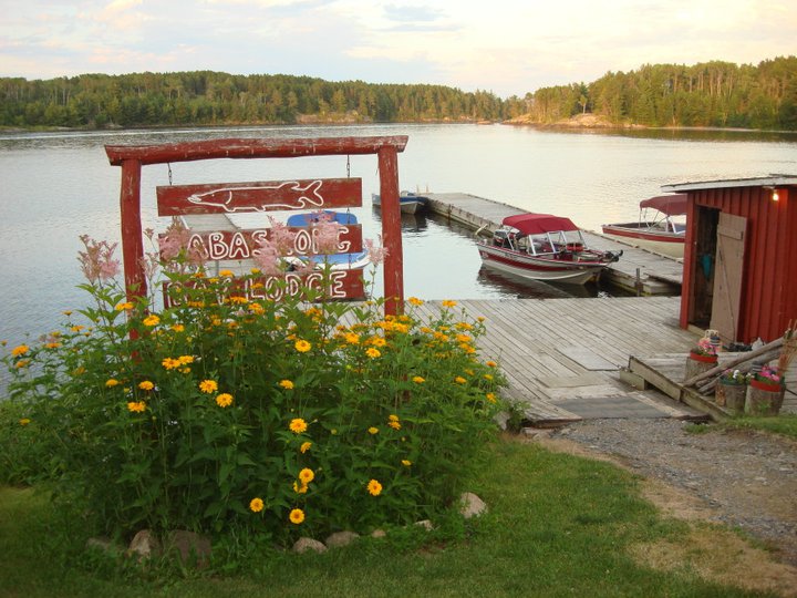 Sabaskong Bay Lodge sign and dock