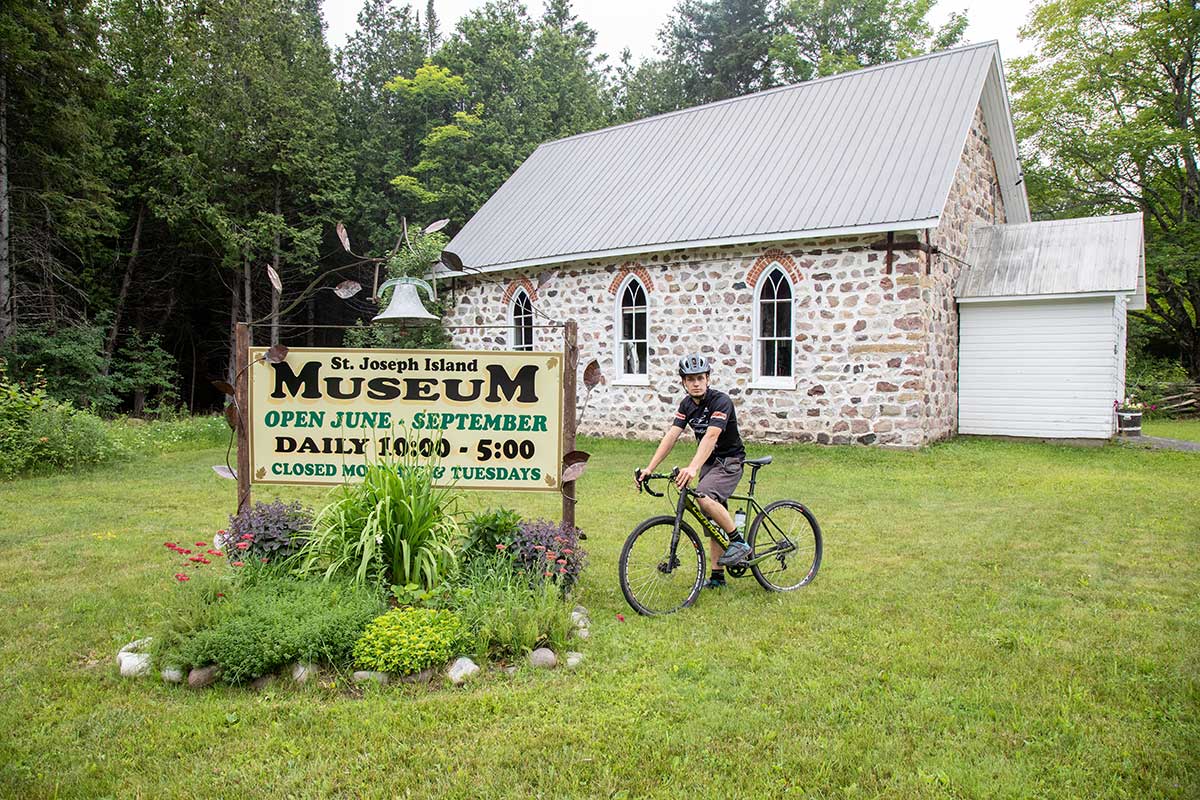 st joseph island museum sign and historic church building