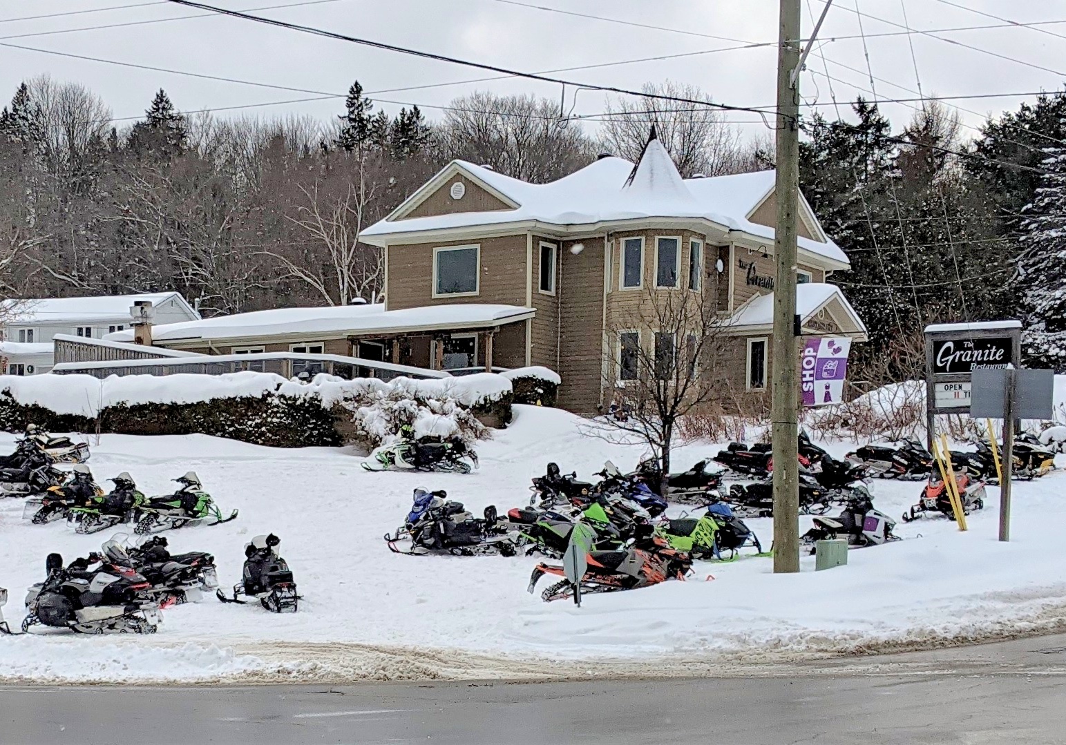 lots of snowmobiles at the Granite Restaurant