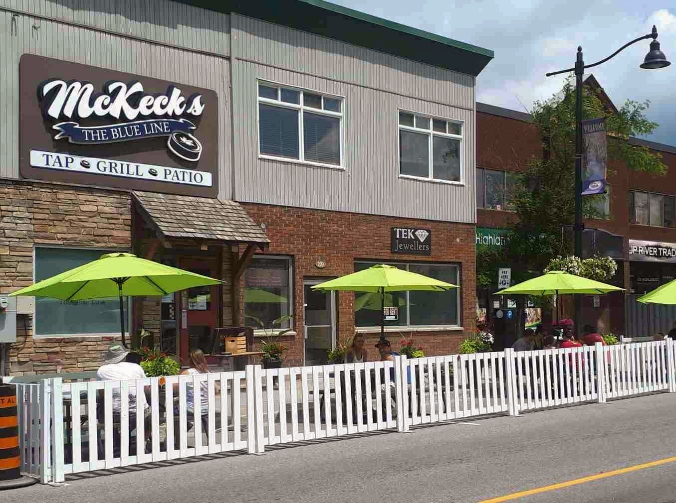 dining patio between sidewalk and building