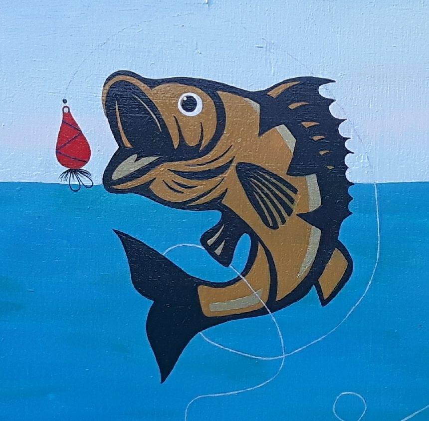 Painting of fish jumping for bait