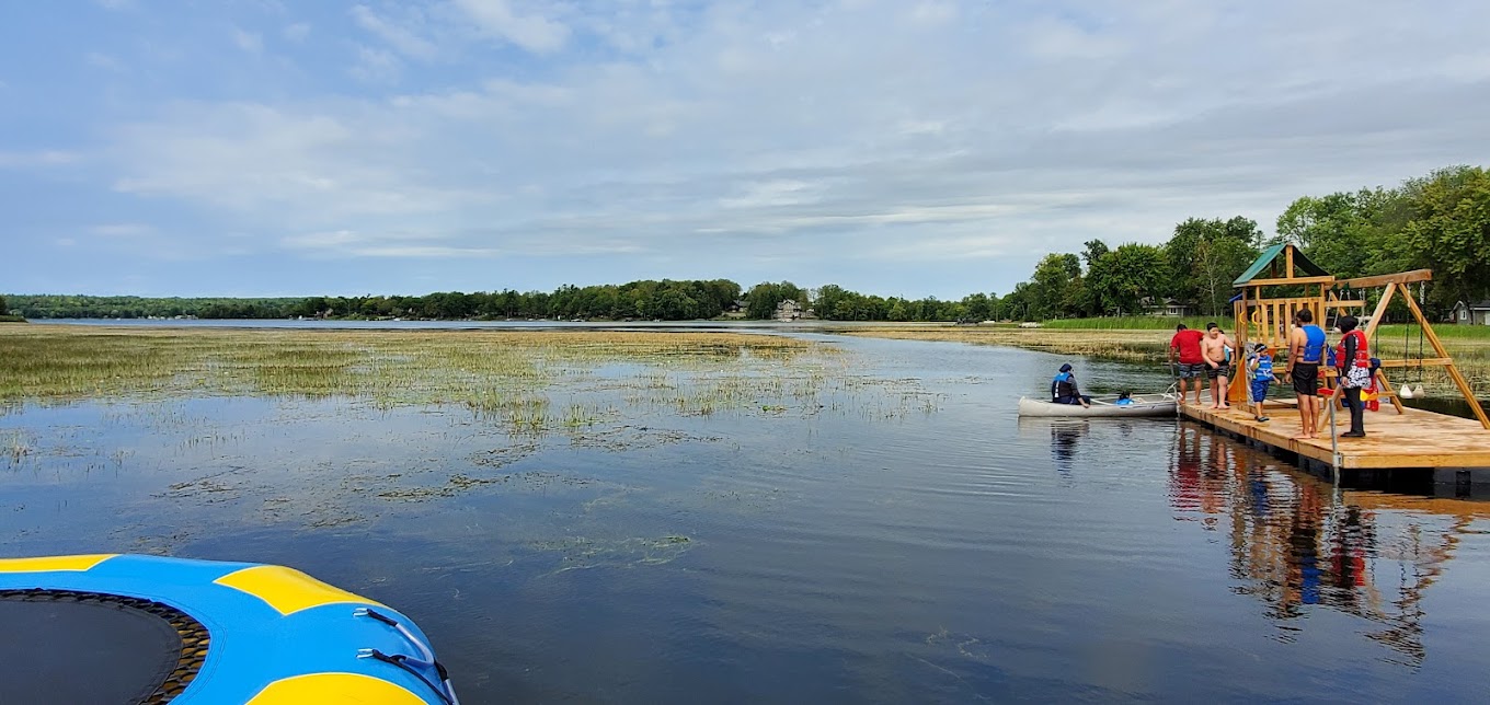 A lake with rafts in the background, a dock, and trees