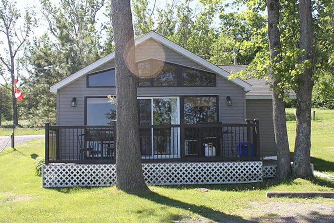 A cabin behind a tree