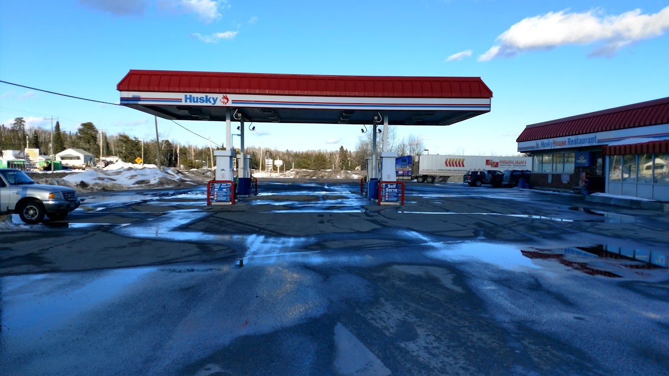 Gas pumps in front of restaurant