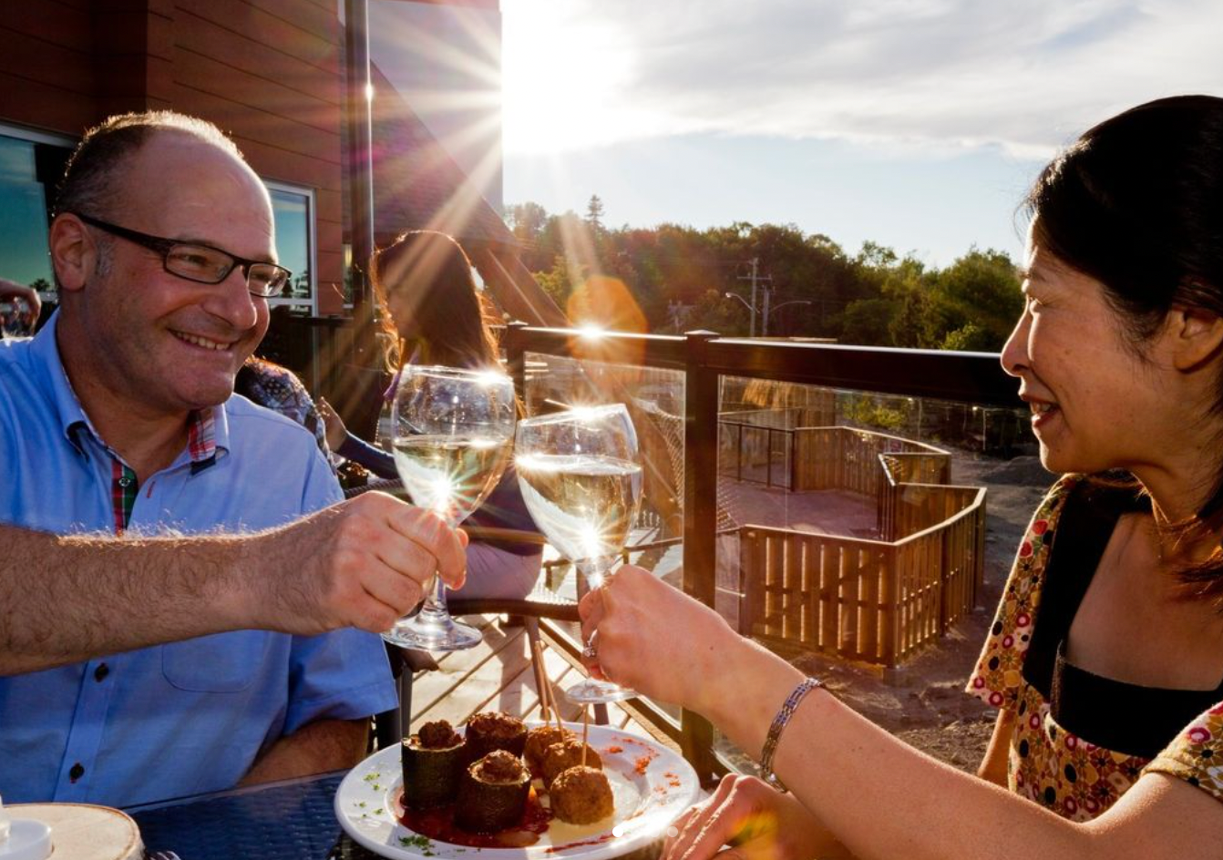 two people dining with wine glasses in their hands