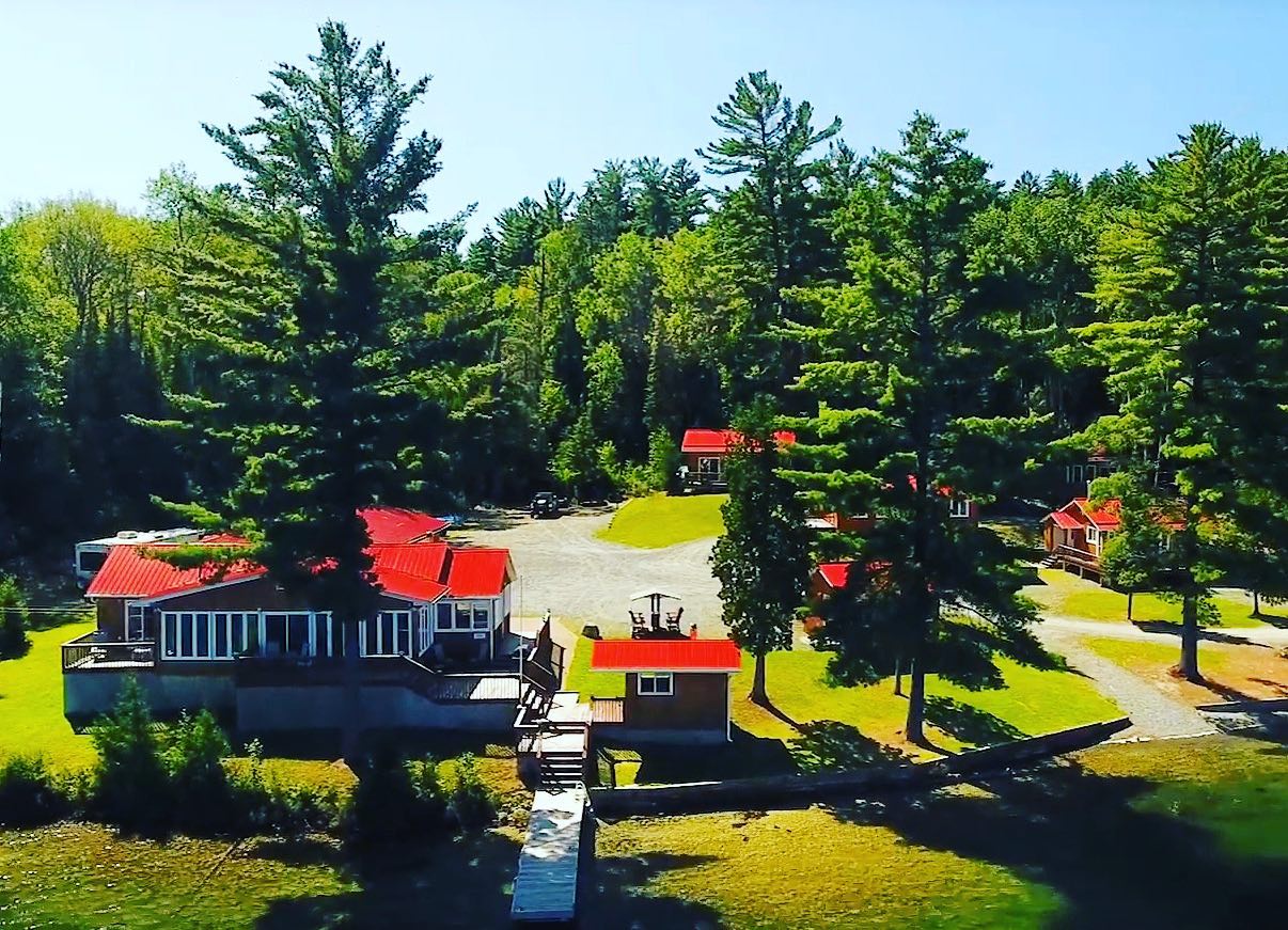 Arial view of lodge and cabins