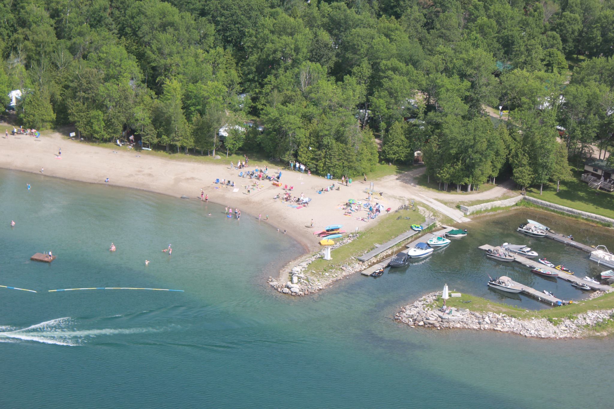 Arial of beach and marina