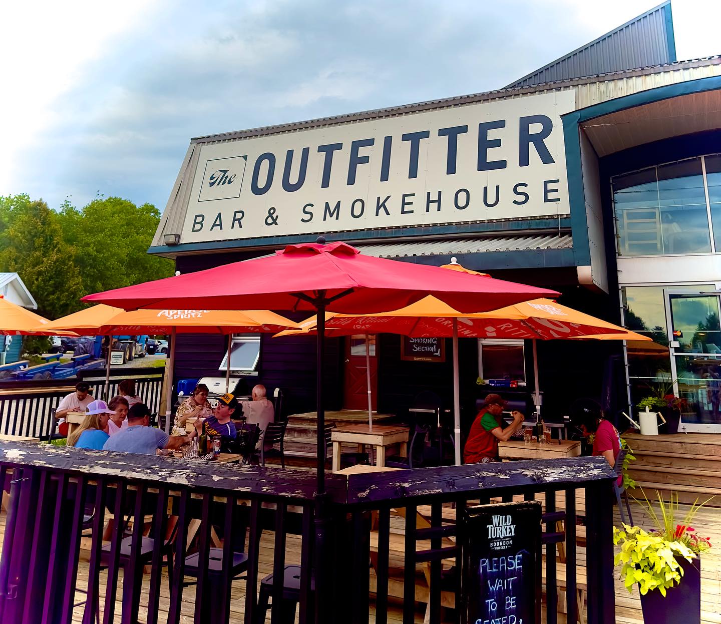 Patio with restaurant sign