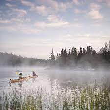 Kayaks on the lake with fog