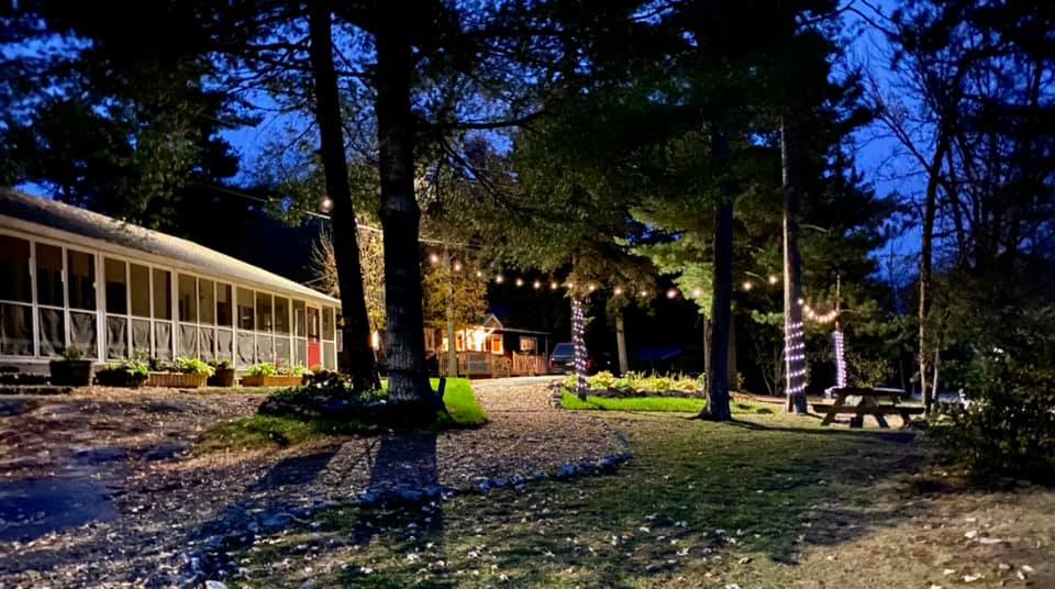 View of cabin at night