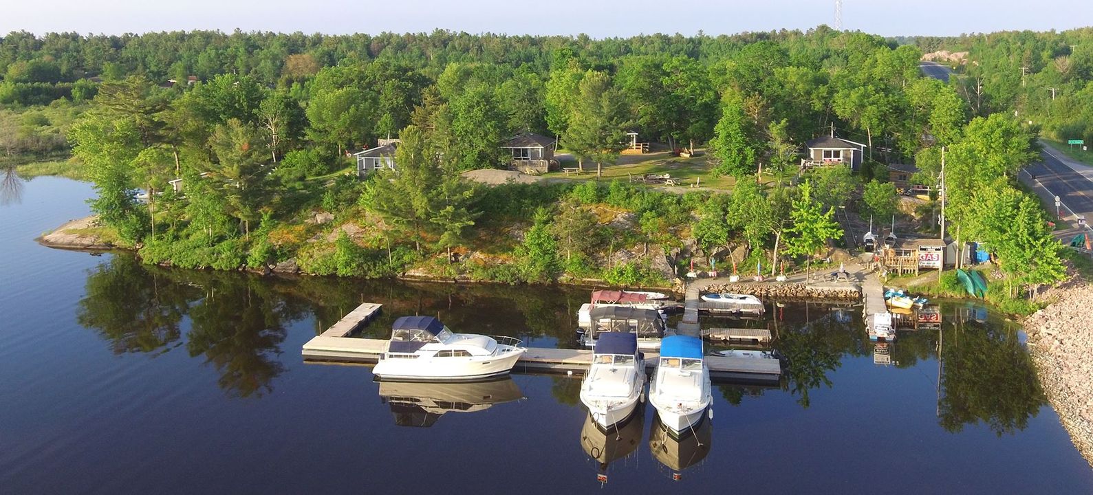 Arial view of cottages and marina