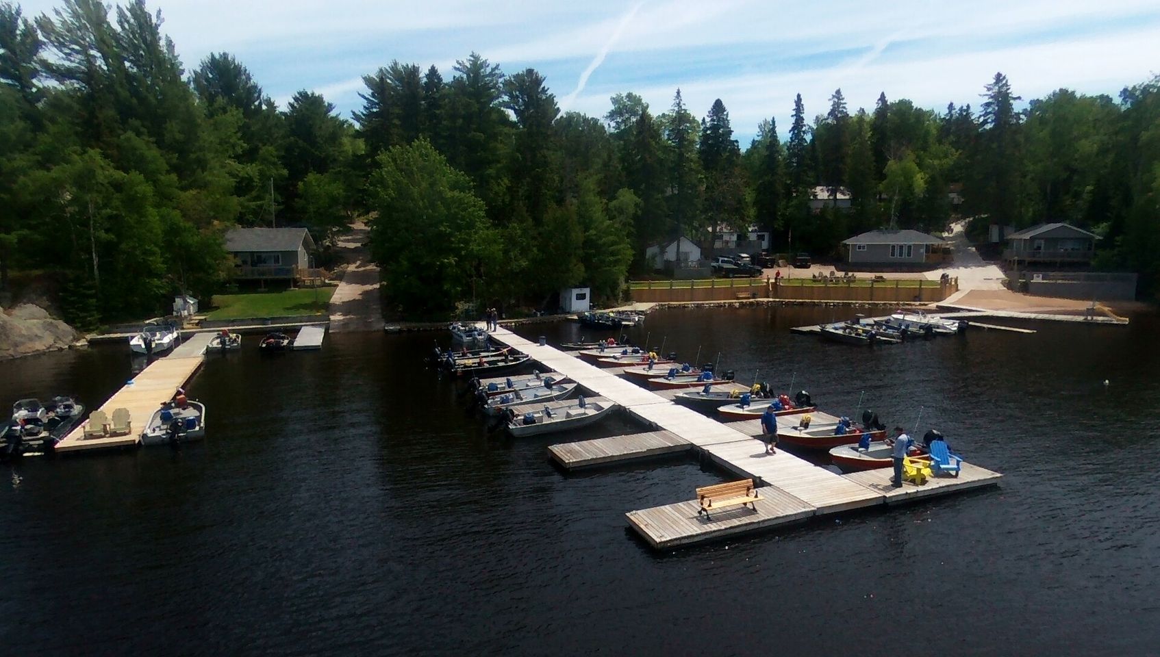 Waterfront with docks and cabins