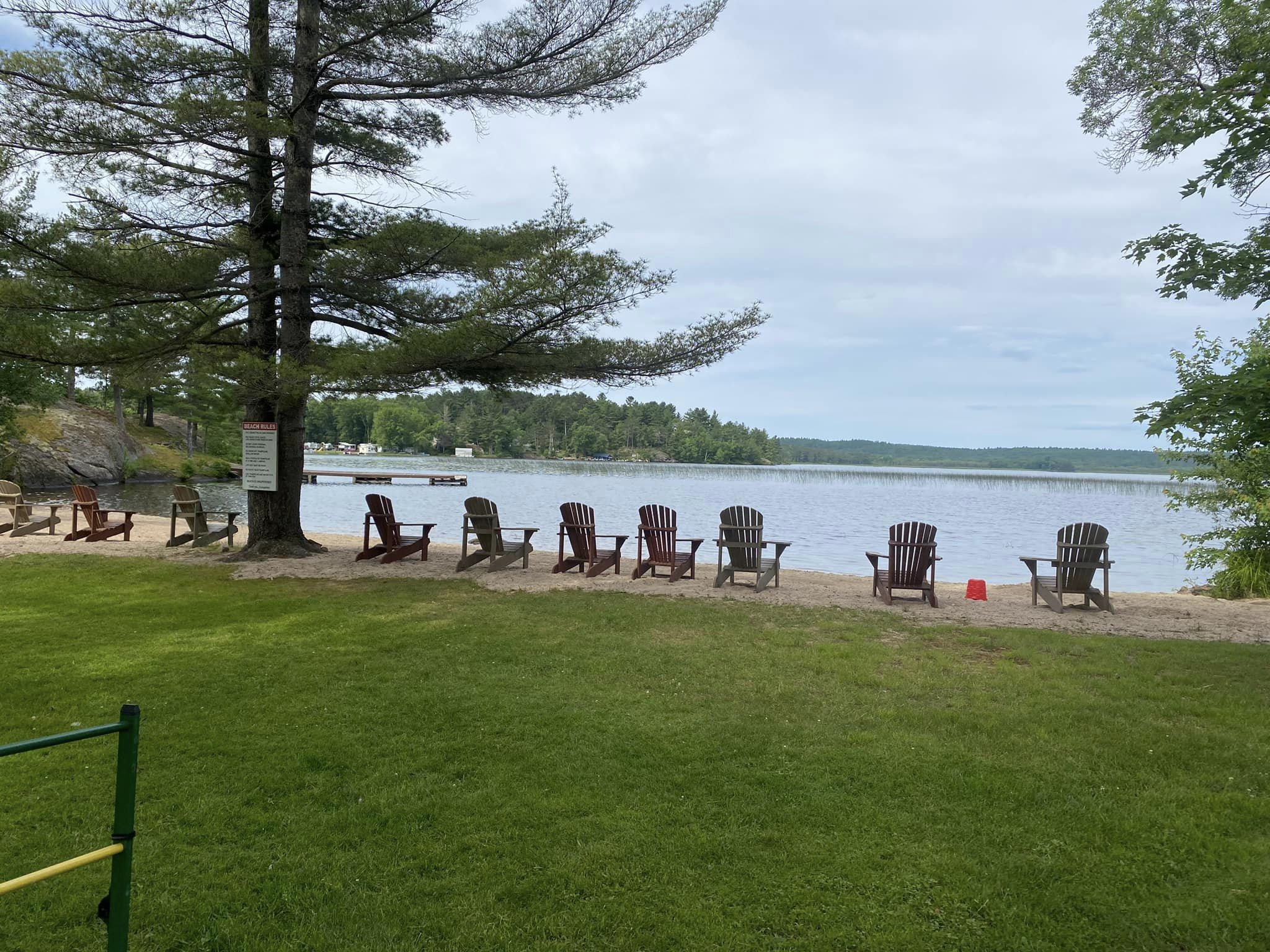 Muskoka chairs along beachfront