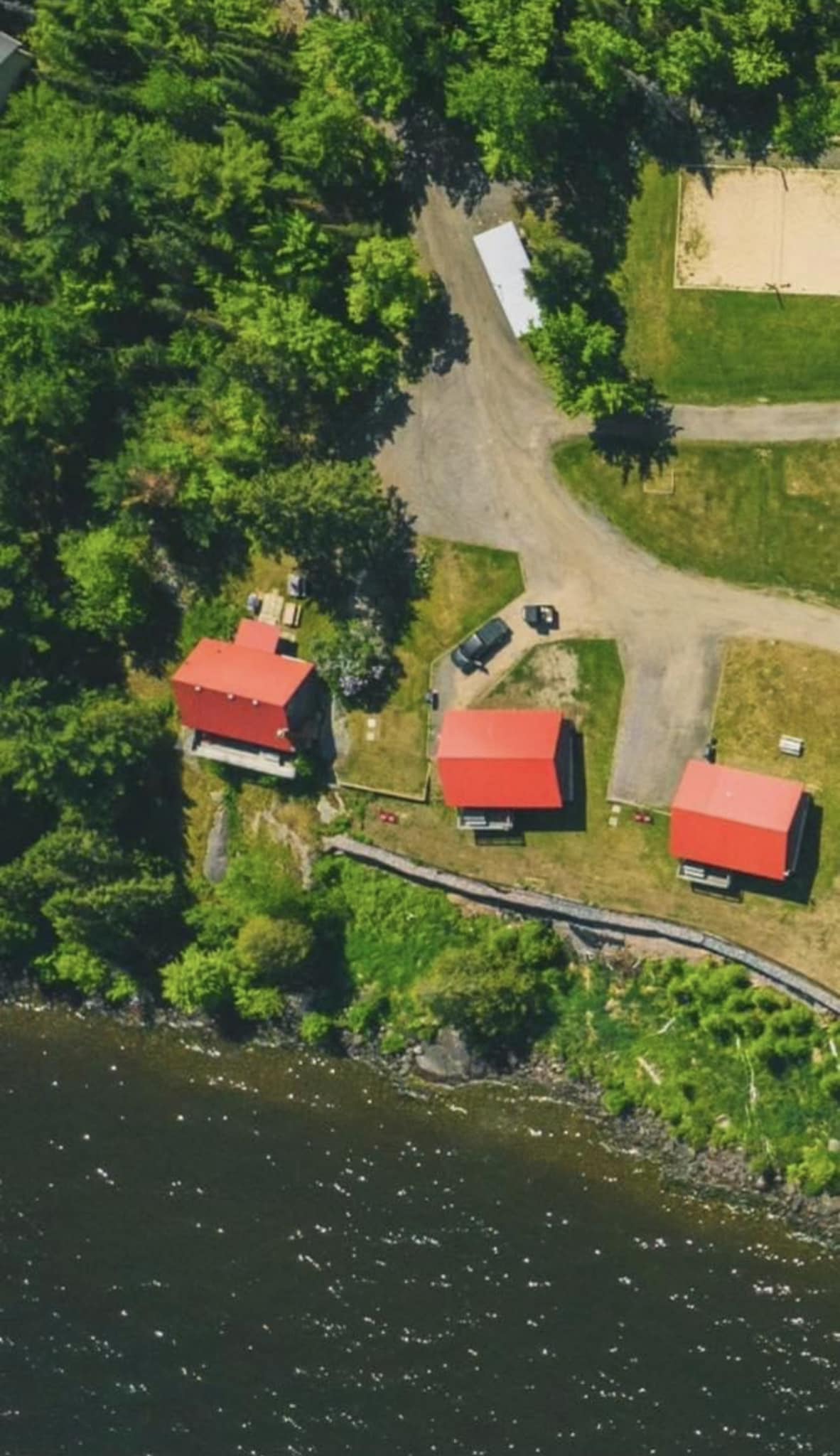 Arial view of cabins by lake