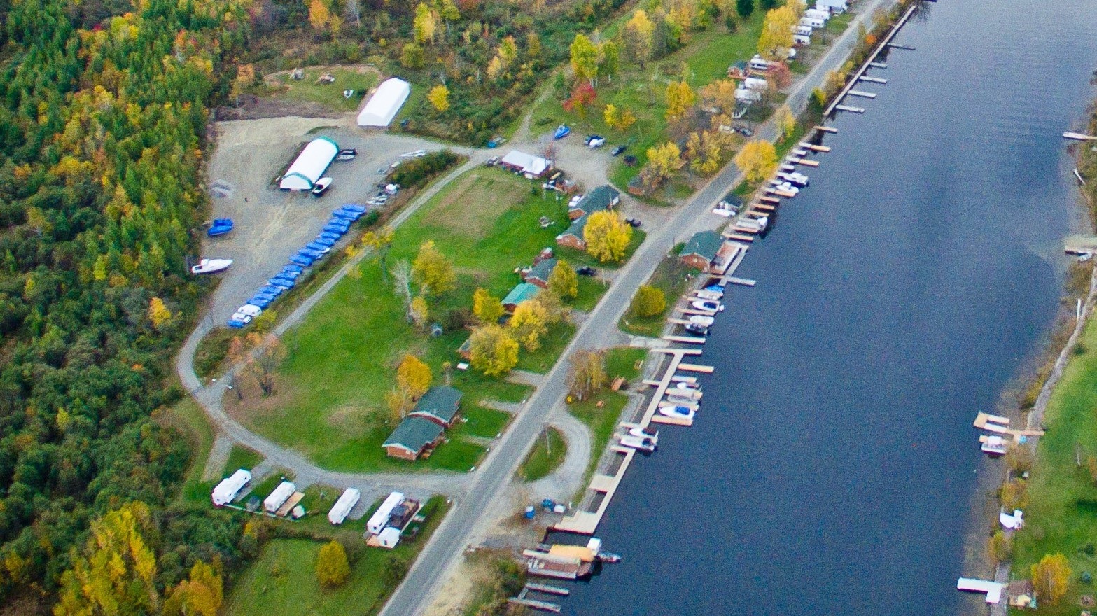 Arial view of cabins, marina, and RV park