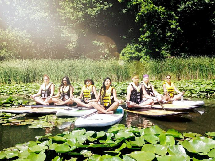 people doing yoga on sup paddleboards among lilies and greenery