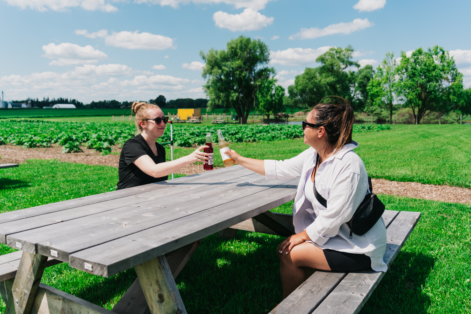 two people enjoying a drink on picnic table at Tall Post Craft Cider