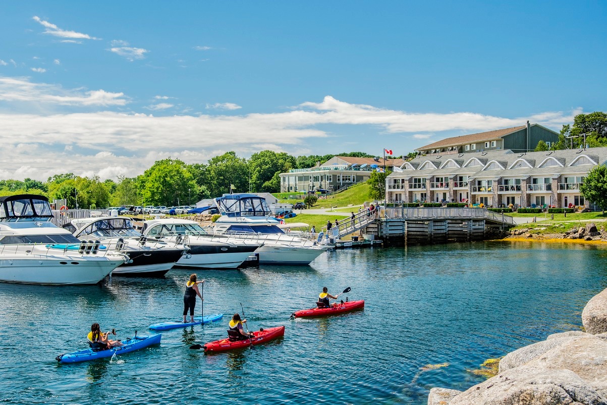 a harbourfront with boats and kayaks leading to the shore