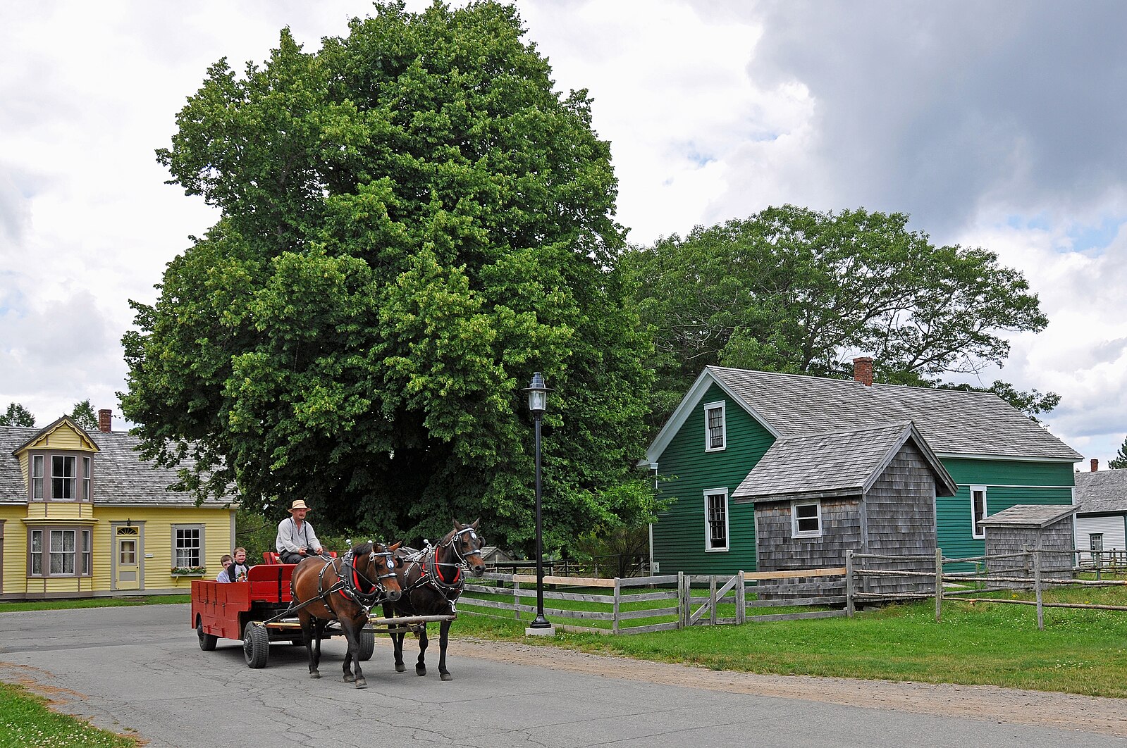 a horse and buggy on the street in sherbrooke village