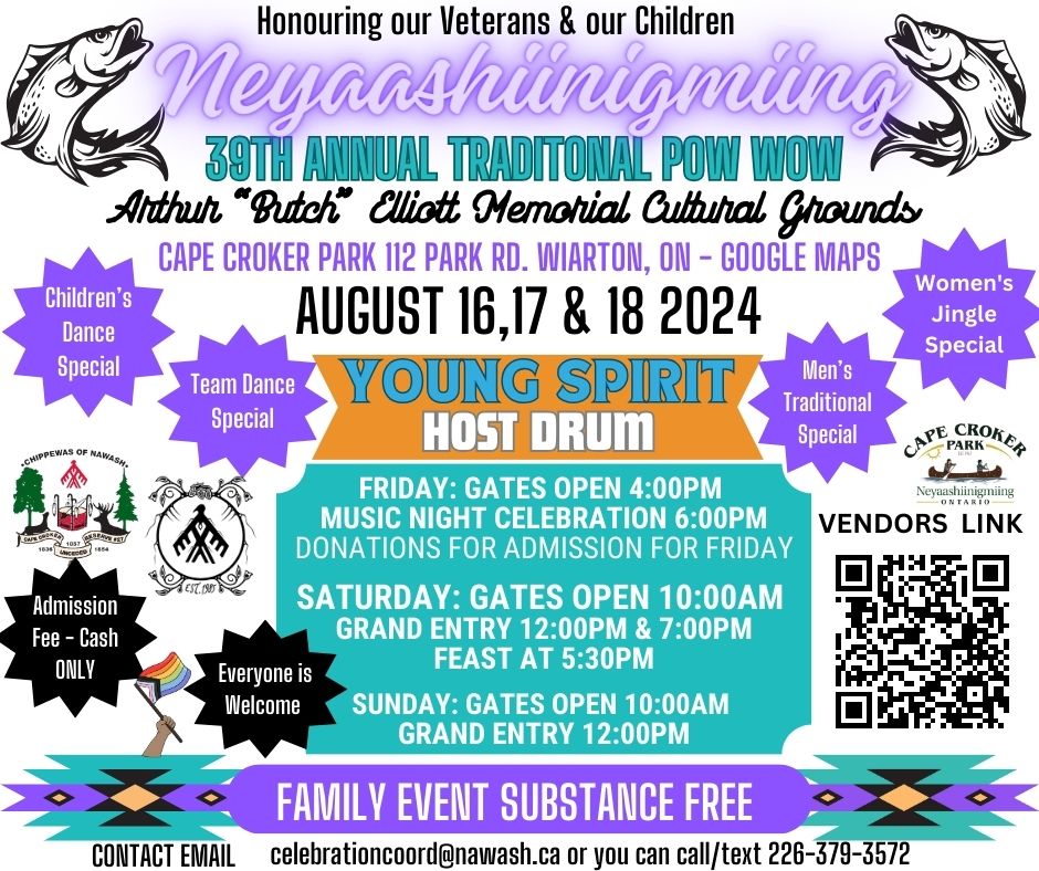 Neyaashiinigmiing Annual Traditional Pow Wow poster 2024