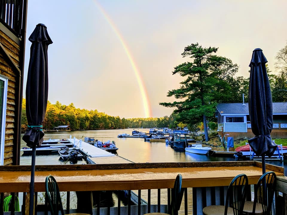 view of the boat-in patio docks at riverhouse restaurant coldwater ontario