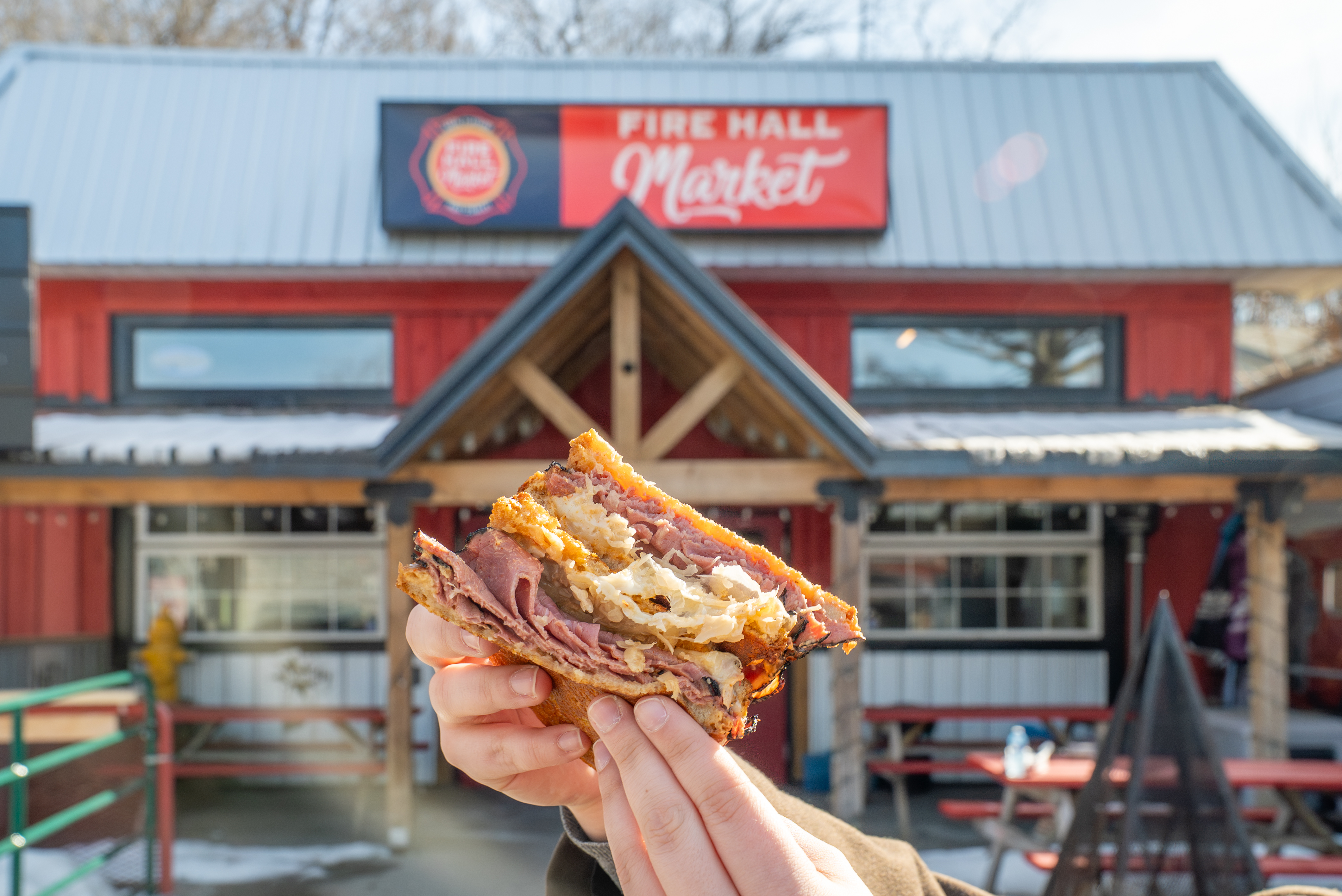 yummy sandwich in front of Port Stanley Firehall Market Port Stanley on Cruise the Coast southwestern Ontario motorcycle touring routes