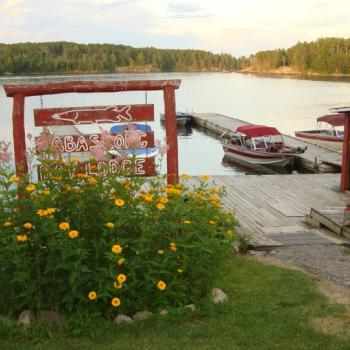 Sabaskong Bay Lodge sign and dock