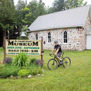 st joseph island museum sign and historic church building