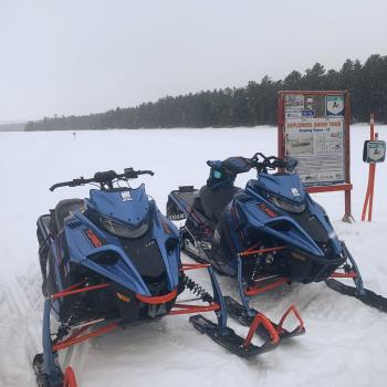 snowmobiles at stepping stones on explorers snow tour northeastern ontario