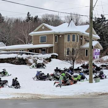 lots of snowmobiles at the Granite Restaurant