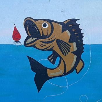 Painting of fish jumping for bait