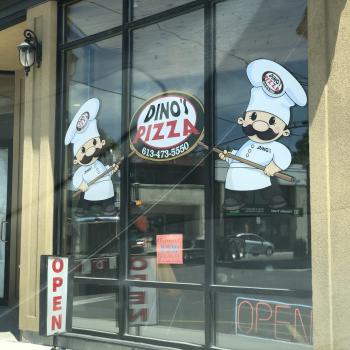 Two cartoon chefs holding up a logo that says "Dino's Pizza" on a glass window