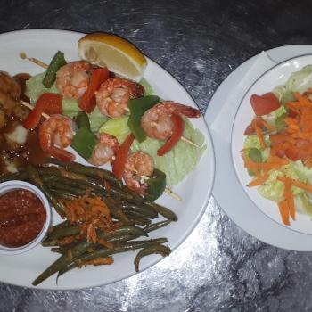 Shrimp and veggie dinner with a salad