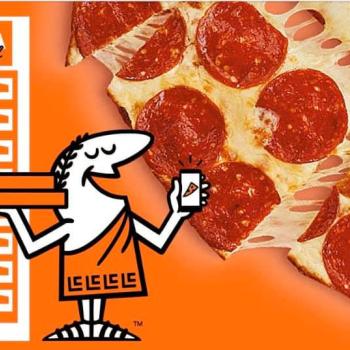 Little Caesars man with pizza