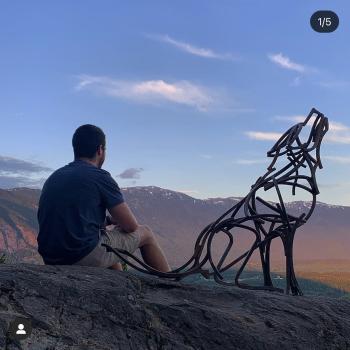 hiker sitting next to metal wolf sculpture at lookout