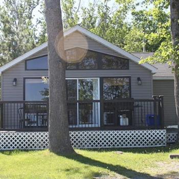 A cabin behind a tree