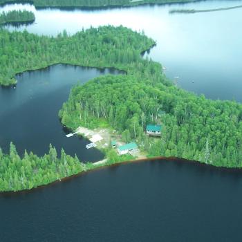 Arial view of lodge and lake