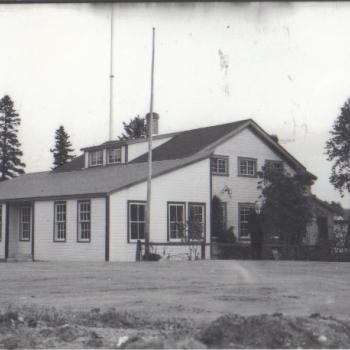 Black and white photo of museum