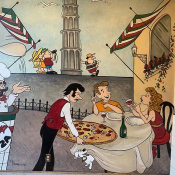 Mural on wall of people enjoying pizza