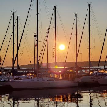 Sailboats in marina at dusk