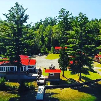 Arial view of lodge and cabins