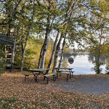 Campsite with tables along lake