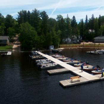 Waterfront with docks and cabins