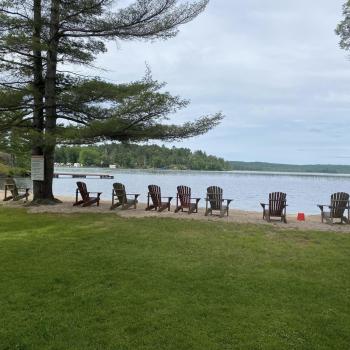 Muskoka chairs along beachfront