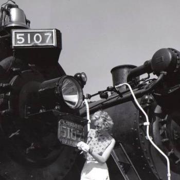 Black and white picture of locomotives