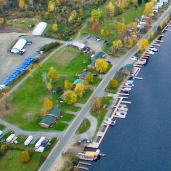 Arial view of cabins, marina, and RV park